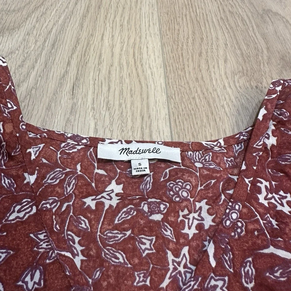 Madewell V-Neck Puff‎ Sleeve Top in Batik Vine Weathered Brick Sz S Peasant Top